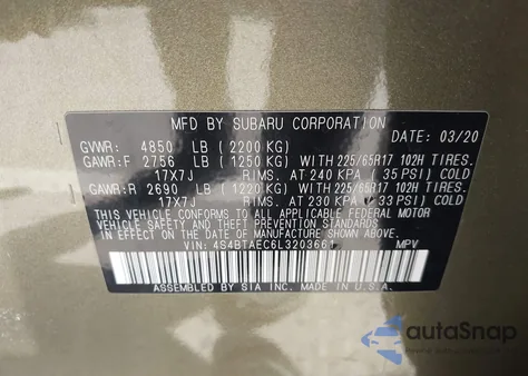 2020 Subaru Outback Premium из США, поврежденный, VIN 4S4BTAEC6L3203661